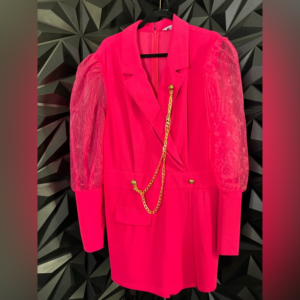 SHEIN Pink Romper with Sheer Sleeves and Gold Chain